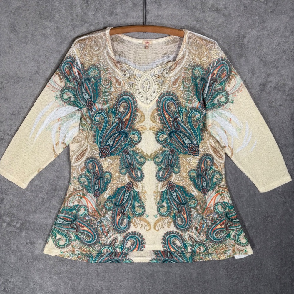 Reba Woman 1X Paisley Knit Top Cream Blue 3/4 Sleeve Rhinestone Boho Made in USA